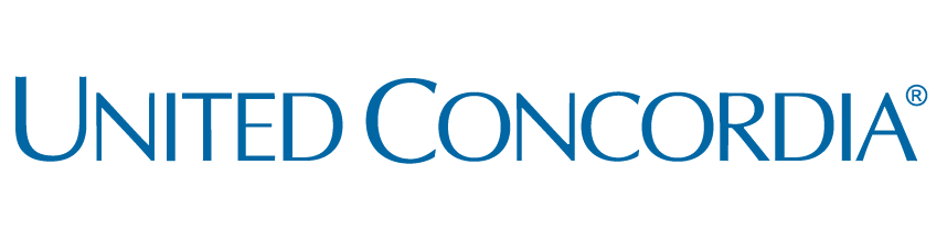 The image is a logo with the text  United Concordia  in blue and white lettering, set against a dark background.