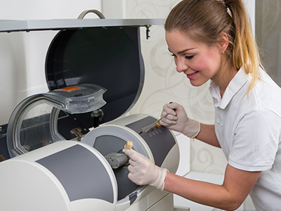 A woman in a white shirt and gloves is operating a machine with a transparent door, which appears to be a piece of industrial equipment.