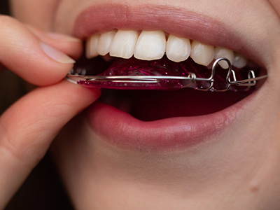 An individual is seen holding a piece of gum in their mouth, with a toothbrush resting on their lower lip.