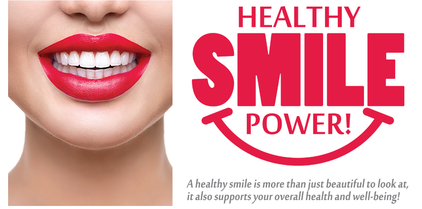 The image features a close-up of a person s face with red lipstick, and there is text overlaying the image that reads  HEALTHY SMILE POWER  along with additional text that says  A LITTLE MORE THAN JUST A SMILE.