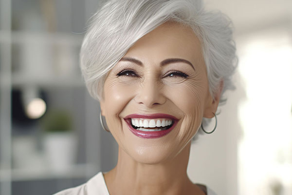 A woman with grey hair, wearing a white top, smiling broadly against a blurred indoor background.